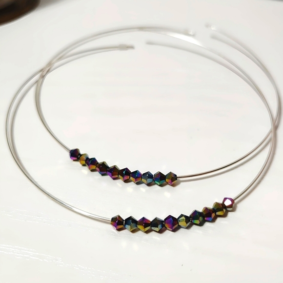 Sterling Silver Oversized 4" Hoop Earrings with Rainbow Bicone Swarovski Crystal - Picture 4 of 9